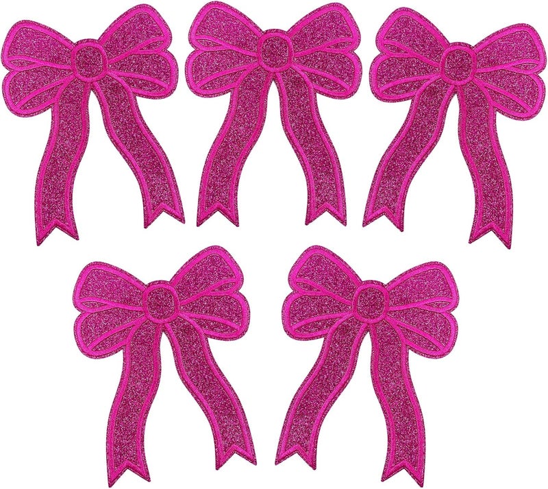 CY 5Pcs Hot Pink Glitter Sequin Sweatshirt Side Bow Embroidered Patches Cute Iron On Sew On Glamorous Preppy Appliques for Girls Women's Trucker Hats Clothes Backpacks Home Decor,Hot Pink - Image 1